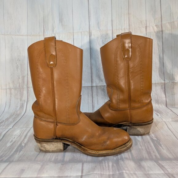 Vintage Tan Leather Safety Toe Pull-On Cowboy Boots with Vibram Soles - Picture 8 of 13